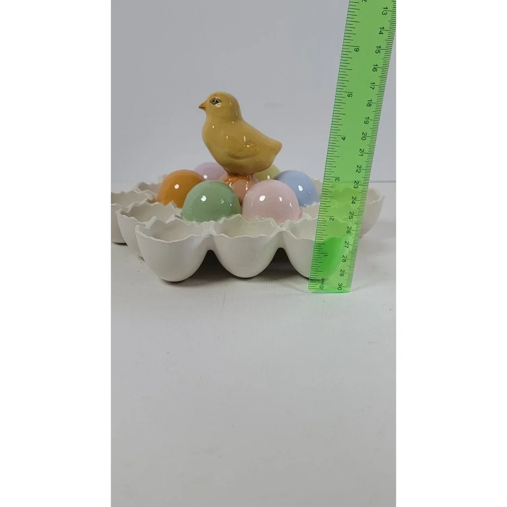 Vintage Easter Egg Ceremic Holder Chick With 12 Cracked‎ Egg Holders Deviled